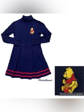 Vintage Disney Sears Winnie the Pooh Sweater Dress Size 6X Navy Blue Red Stripes